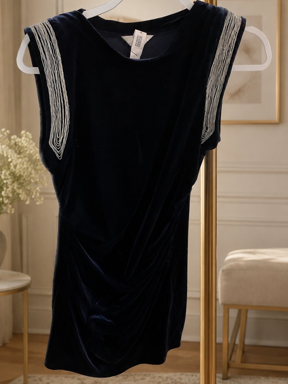 Velvet Embellished Shoulder Mini Dress - Navy